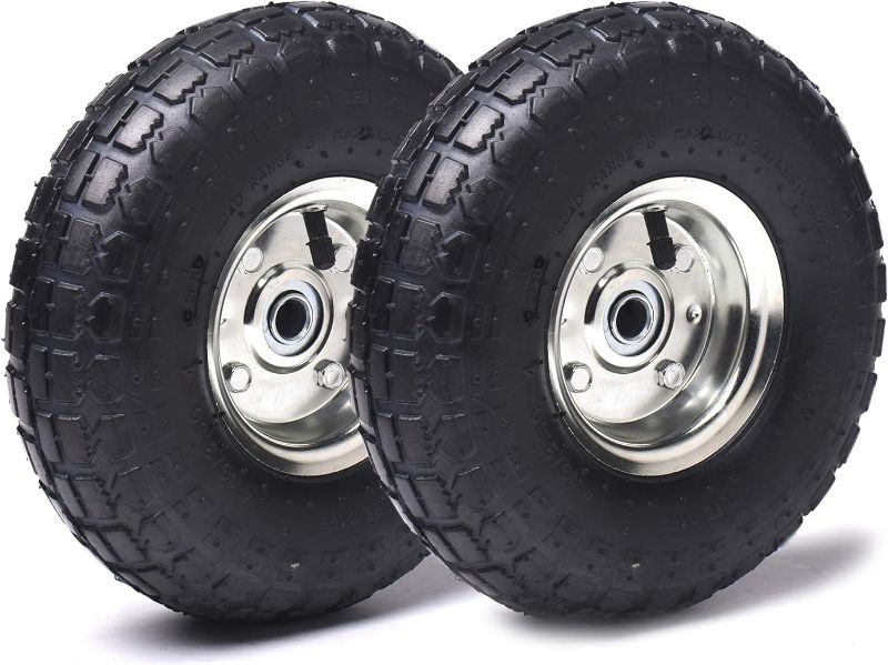 Photo 1 of (2 Pack) 4.10/3.50-4 Tire and Wheel, Replacement Pneumatic Tires 10-Inch Wheel with 5/8" Bearings and 2.2" Offset Hub, Compatible with Hand Truck, Wheelbarrow, Wagon, Gorilla Carts
