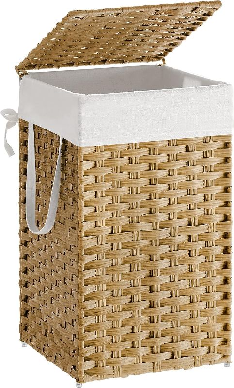 Photo 1 of SONGMICS Laundry Hamper with Lid, 17.2 Gallon (65L) Synthetic Rattan Clothes Laundry Basket with Lid and Handles, Foldable, Removable Liner, Natural ULCB165N01
