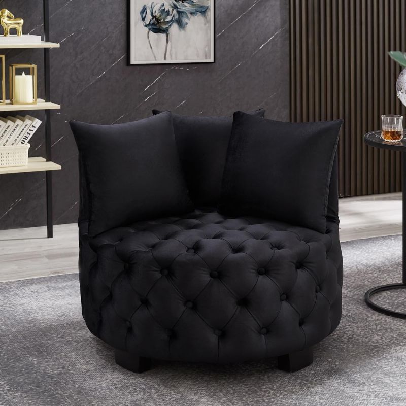 Photo 1 of 24KF Contemporary Upholstered Tufted Leisure Chair Accent Chair, Sofa Lounge Club Round Chair for Living Room Hotel with 3 Pillows BLACK 
Round Accent  Round Accent Chair