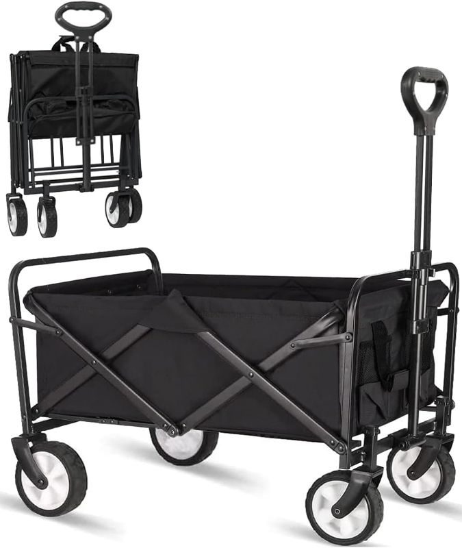 Photo 1 of Collapsible Folding Outdoor Utility Wagon, Beach Wagon Cart with All Terrain Wheels & Drink Holders, Portable Sports Wagon for Camping, Shopping, Garden and Beach (Black/1 Year Warrant)
