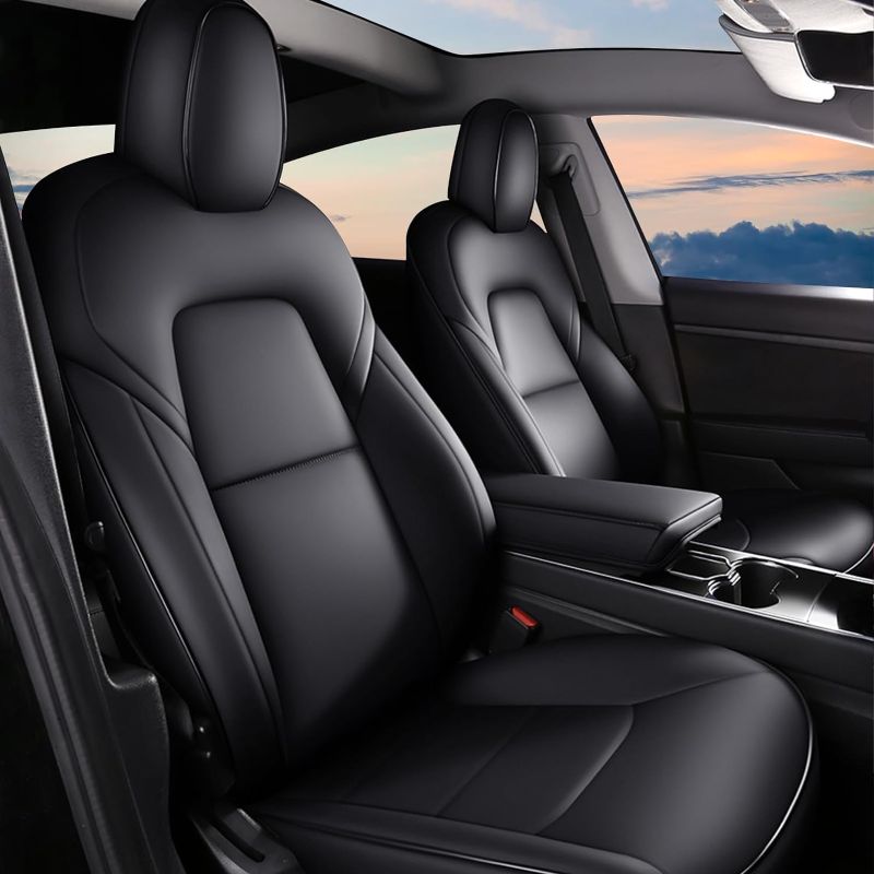 Photo 1 of AOMSAZTO Custom Fit Seat Covers for Tesla Model Y 2020 2021 2022 Faux Leather Car Seat Cover Full Wrapped Interior Seat Protector (Black,5 Seats)
