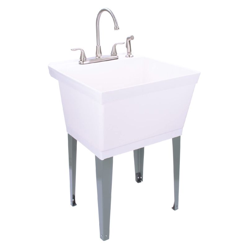 Photo 1 of Utility Sink Laundry Tub with Stainless Steel High Rise Faucet by Maya with Side Sprayer, Large Basin, and Metal Legs, Great for Workroom, Shop, Garage, Basement, Mud Room (White Tub)
