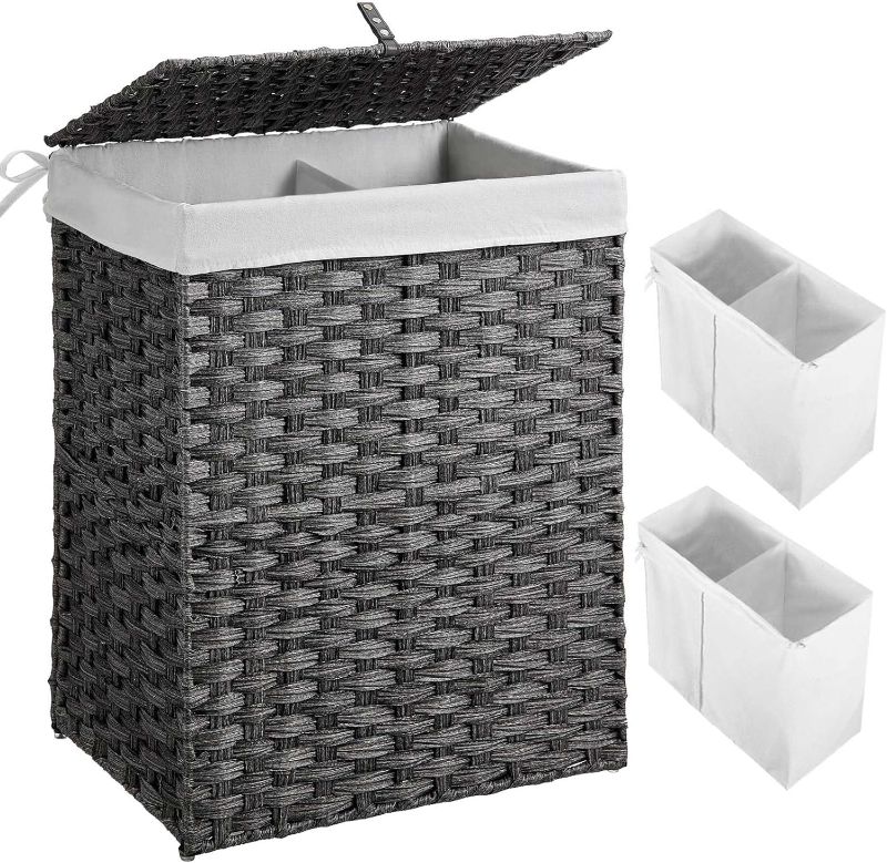 Photo 1 of Greenstell Laundry Hamper with 2 Removable Liner Bags - 90L Divided Clothes Hamper, Handwoven Synthetic Rattan Foldable Laundry Basket with Lid and Handles Gray (18.3x13.3x24.0Inches)
