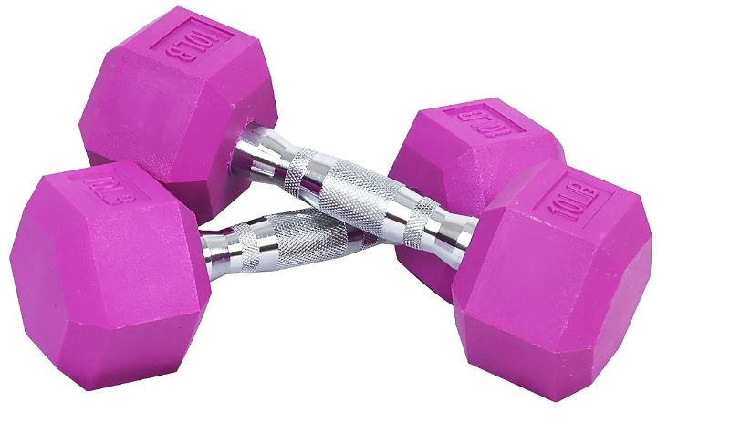 Photo 1 of Signature Fitness Colored Rubber Coated Hex Dumbbell Weight Set and Storage Rack, Multiple Packages Set --- STOCK PHOTO FOR REFERENCE ONLY --- ONE PAIR OF PURPLE 10LB DUMBBELLS