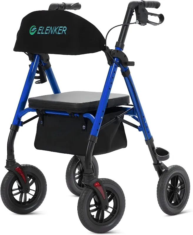 Photo 1 of ELENKER® KLD-9218-10 All-Terrain Rollator Walker with 10” Non-Pneumatic Wheels, Sponge Padded Seat and Backrest, Fully Adjustment Frame for Seniors Blue
