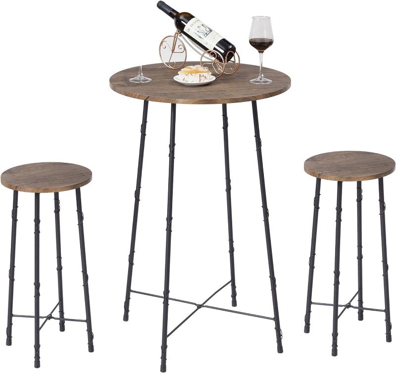 Photo 1 of VECELO 3 Piece Round Pub Dining Set, High Top Bar Table and Stools for 2, Bistro Dinette with/Chairs for Small Space, Easy Assembly, Grey Oak
