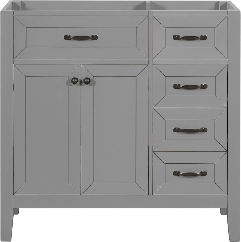 Photo 1 of 36" Bathroom Vanity Without Sink, Modern Bathroom Storage Organizer Cabinet with 2 Soft Closing Doors and 3 Drawers, Undermount Wooden Vanities Organizer and Cabinet, Grey

