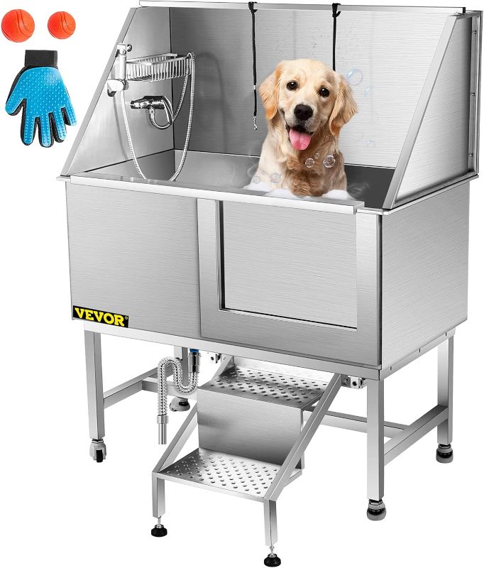 Photo 1 of VEVOR 50 Inch Dog Grooming Tub Professional Stainless Steel Pet Dog Bath Tub with Steps Faucet & Accessories Dog Washing Station Right Door
