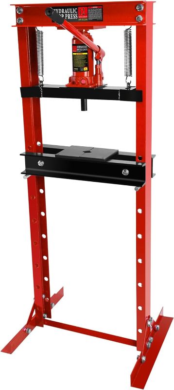 Photo 1 of 12 Ton Hydraulic Shop Floor Press, Steel H-Frame Shop Press with Steel Plates Adjustable Working Table, Floor Stand Jack for Gears and Bearings (Red + Steel + 12 ton)
