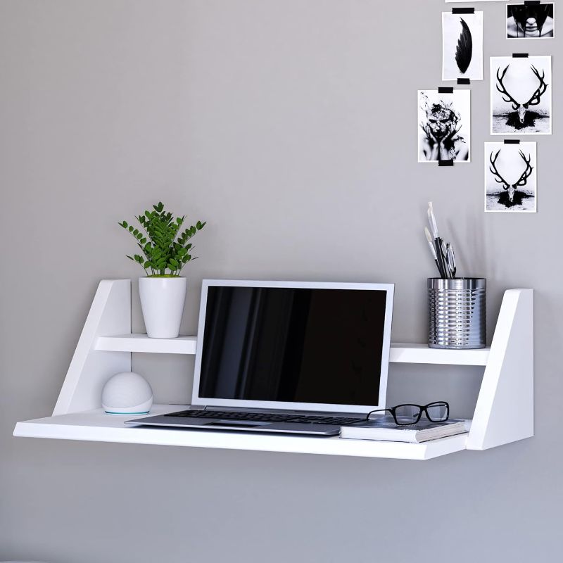 Photo 1 of Reversible Wall Desk, White Floating Desk with Wall Mounted Shelf for Computer, Home, Office, Bedroom, Living, Kitchen and Study - L
