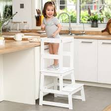Photo 1 of Kids Kitchen Step Stool for Kids with Safety Rail,Solid Wood Construction Toddler Learning Stool Tower, Montessori Toddlers Kitchen Stool (White) White-1