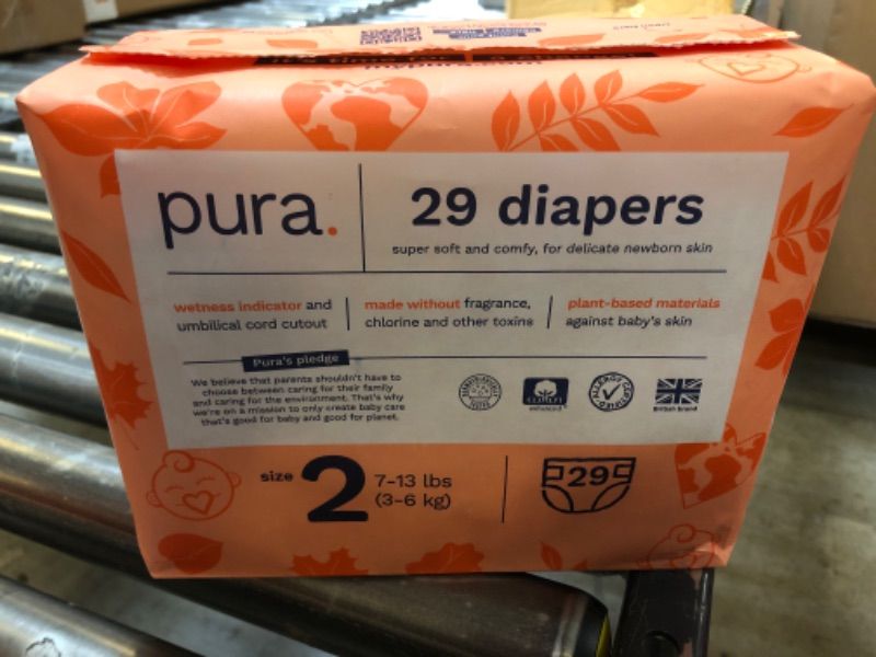 Photo 2 of 29pcs--Pura Size 2 Eco-Friendly Diapers (7-13 lbs) TCF, Hypoallergenic, Soft Organic Cotton Comfort 