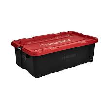 Photo 1 of 57 Gal. Pro Grip Storage Tote with Wheels in Black with Red Lid
