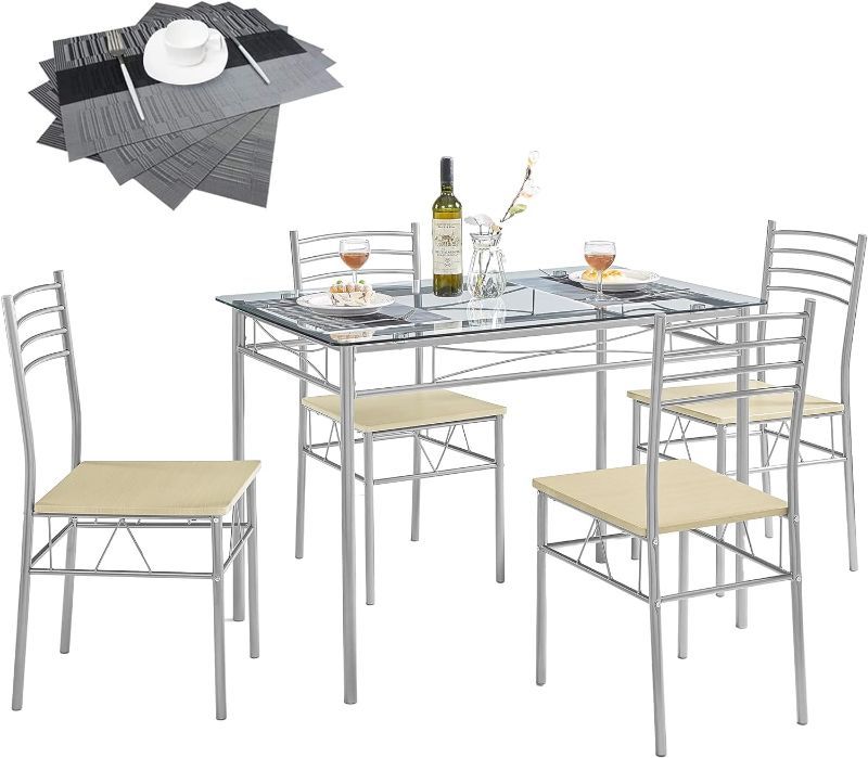 Photo 1 of VECELO Dining Table with 4 Chairs [4 Placemats Included-] Silver X-Large
