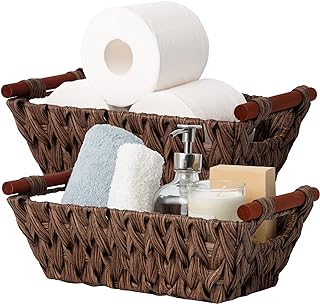 Photo 1 of Marsui Small Wicker Baskets for Gifts Empty Hand Woven Seagrass Rattan Towel Baskets for Bathroom Bin Organizer Shelf Pantry Baskets for Gifts Storage Towel Kitchen Toilet Living Room (Brown) 