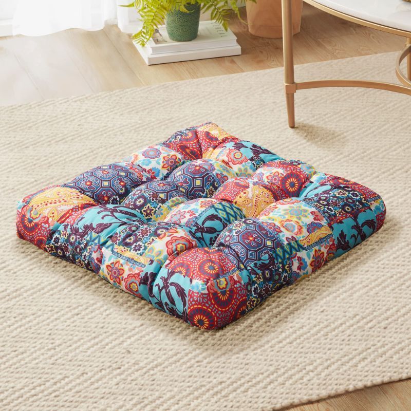 Photo 1 of 2 Pcs Bohemian Floor Pillows Seating 15 Inch Boho Floor Cushions Sitting Pillows for The Floor Square Yoga Mandala Meditation Pouf for Living Room Balcony Office Tatami