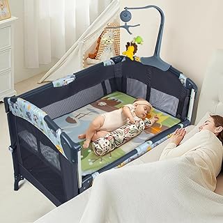 Photo 1 of 5 in 1 Baby Crib,Bedside Sleeper,Baby Bassinet, Bedside Cribs with Mattress, Foldable Baby Playard, Portable Travel Crib for Girl Boy Infant Newborn (Grey)