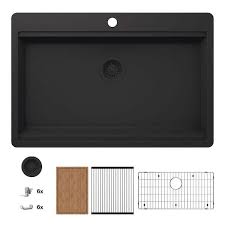 Photo 1 of Stonehaven 33 in. Drop-In Single Bowl Black Onyx Granite Composite Workstation Kitchen Sink with Black Strainer
