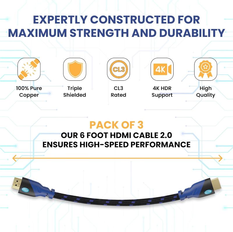 Photo 1 of 3pcs--AURUM CABLES 0.5ft HDMI Cable 4K@60Hz Ultra HD, High Speed with Ethernet 10 Pack HDMI Cable Braided Nylon & Gold Connectors, ARC, CL3 Rated - Compatible with TV, PC, Monitor, Laptops, PS3, PS5, PS4 0.5 FT  