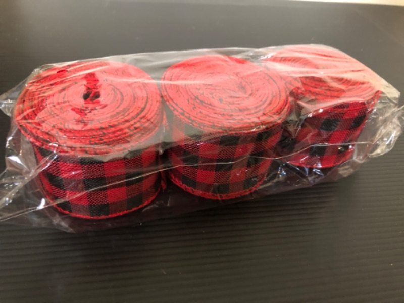 Photo 2 of 3 Rolls Christmas Wired Edge Ribbons, 30 Yards x 2 Inch Red Black Plaid Ribbon and Buffalo Plaid Ribbon for Christmas DIY Gift Wrapping Xmas Party Decor Red and Black