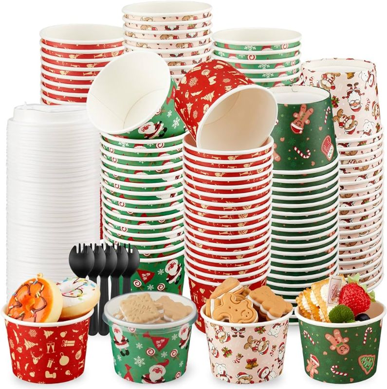 Photo 1 of   240 Pcs 9 oz Christmas Treat Snack Cups with Lids and Spoons Ice Cream Paper Cups Holiday Xmas Themed Snack Cups for Dessert Yogurt Sundae Cold Hot Food Xmas Party
