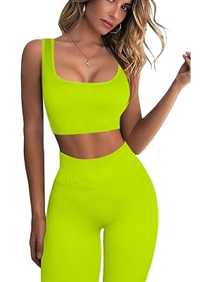 Photo 1 of QINSEN Ribbed Workout Outfits for Women 2 Piece Seamless Sport Bra High Waist Yoga Leggings Sets
