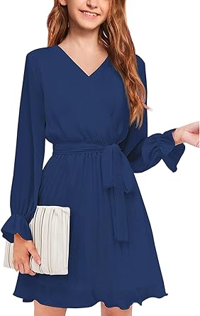 Photo 1 of 2023 Girls Dresses Long Sleeve Kids Fall Pleated Dress Wrap Belt Flowy Teen Girls Fashion Clothes Outfits Sz 14-16