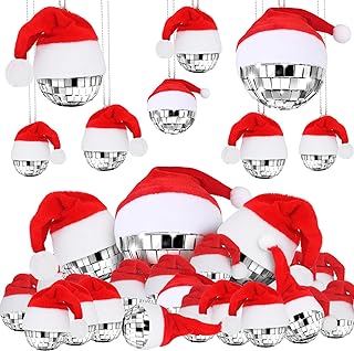 Photo 1 of Ferraycle 24 Pcs Christmas Silver Disco Ball with Santa Hat Different Sizes Reflective Mirror Ball Christmas Decorations with Rope Hanging Disco Ball Ornament for Christmas Tree (1", 2") https://a.co/d/6ZvTQkX