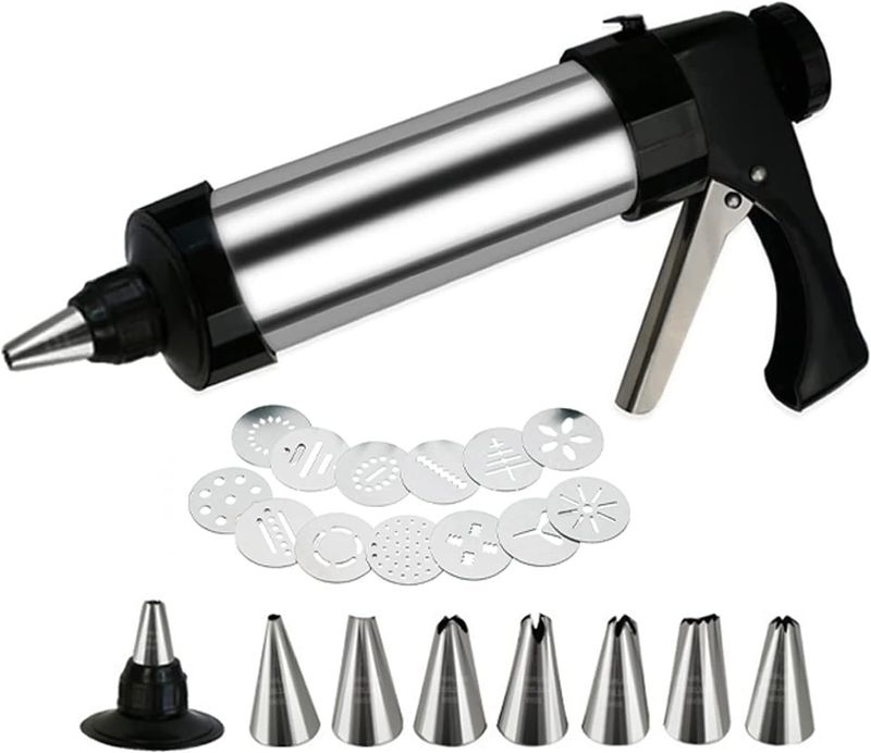 Photo 1 of Suuker Cookie Press Gun Set,Stainless Steel Icing Decoration Press Gun Kit with 13 Discs and 8 Icing Tips for Home DIY,Biscuit Maker and Decoration,Black