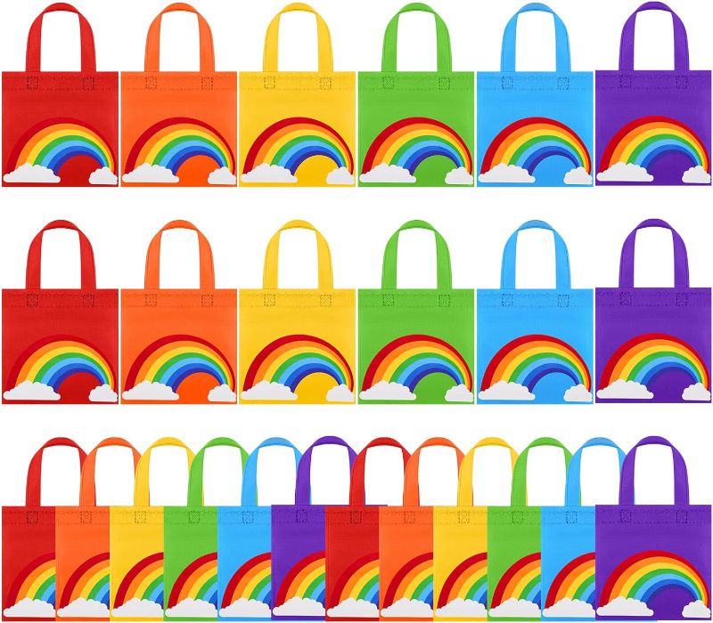 Photo 1 of Aneco 24 Pieces Cocomelon Candy Non-Woven Bags Rainbow Party Favor Bags 8×8 Inch Trolls Goodie Bags 6 Colors Party Favor Gift Bags for Birthday Wedding