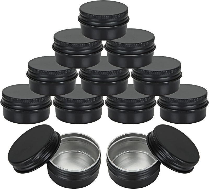 Photo 1 of 50 Pack 1oz Aluminum Tins with Lids, 30 ml Refillable Tin Containers Screw Top, Round Lip Balm Tins, Small Metal Storage Travel Tin Cans for Salves, Candles, Cream, Cosmetics, Spices (Black)