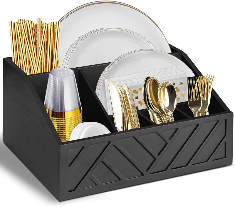 Photo 1 of Paper Plate Dispenser, Paper Plate Holder for Kitchen Counter, Wood Rustic Silverware Utensil Caddy, Cutlery Flatware Organizer Box for Cups Spoons Forks Plates Napkins, Kitchen Accessories (Black)