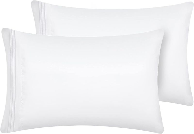 Photo 1 of CozyLux King Pillowcase Set of 2 Luxury 1800 Series Double Brushed Microfiber Bed Pillow Cases Embroidered 2 Pack 20x40 inches, White Pillow Covers with Envelope Closure