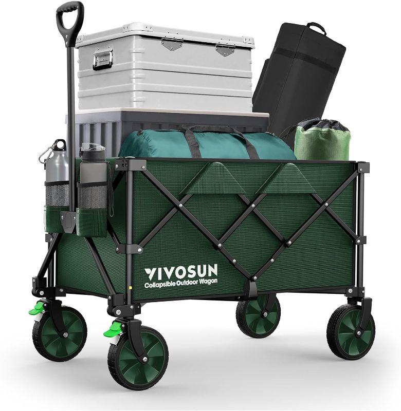 Photo 1 of VIVOSUN Collapsible Folding Wagon, Outdoor Utility with Silent Universal Wheels, Cup Holders & Side Pockets, Adjustable Handle, for Camping, Garden, Sports, Picnic, Shopping, Green
