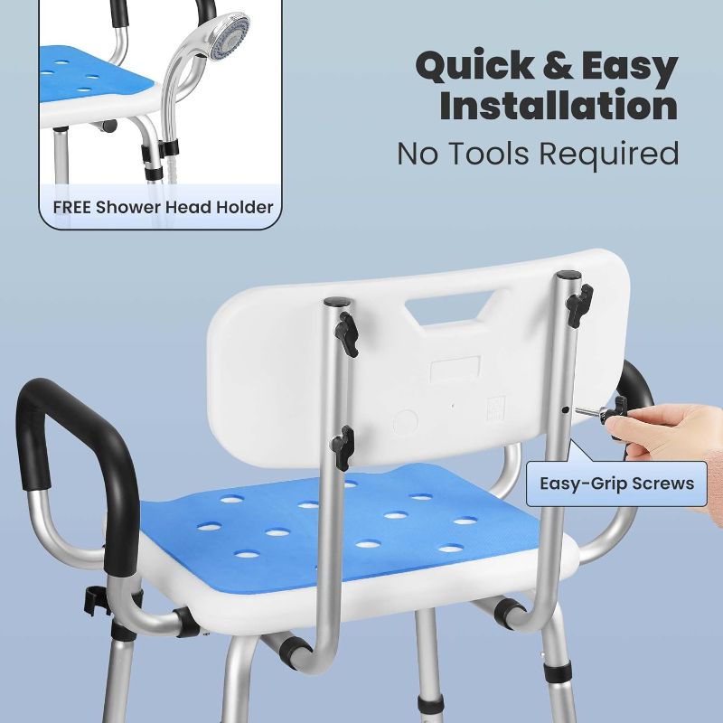 Photo 1 of Shower Chair with 6 Adjustable Height and Tool-Free Assembly, Bath Seat with Removable Back and Padded Arms for Inside Shower, Anti Slip for Safety for Elderly, Adults, Handicap & Disabled