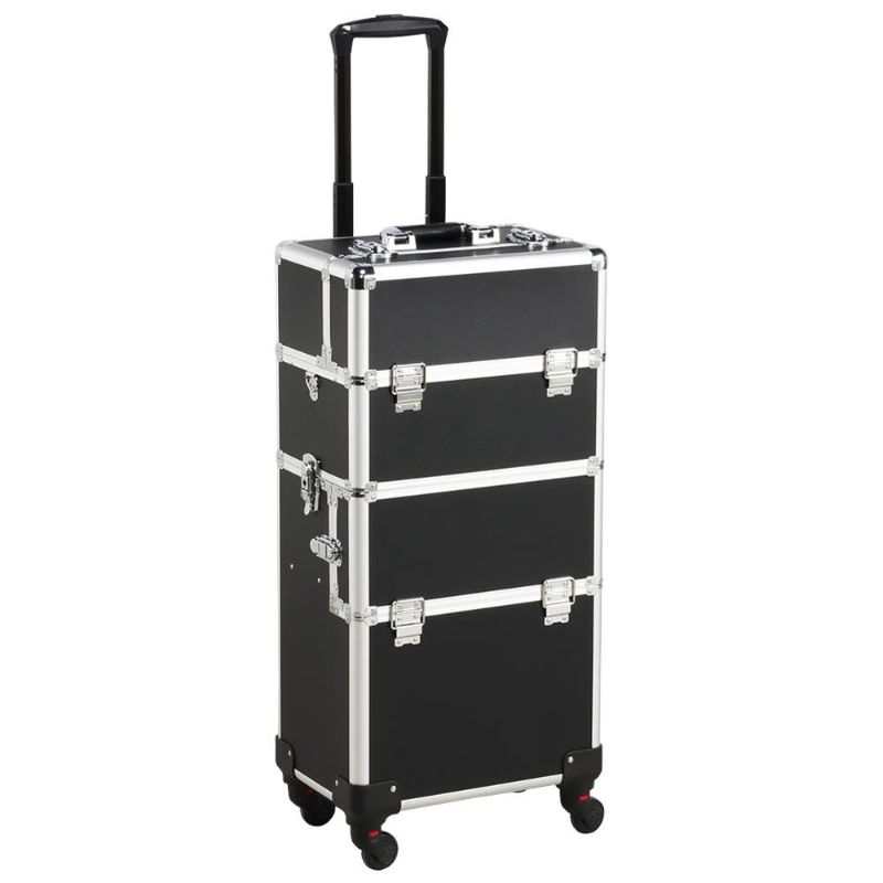 Photo 1 of Yaheetech Rolling Makeup Train Case 3 in 1 Cosmetic Makeup Case Large Aluminum Trolley Makeup Travel Case Professional Rolling Cosmetic Beauty Storage, with 360° Swivel Wheels, Black