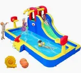 Photo 1 of WELLFUNTIME Inflatable Water Park with Blower, Slide with Water Cannon and Double Basketball Rings