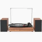 Photo 1 of Record Player for Vinyl with External Speakers, Belt-Drive Turntable with Dual Stereo Speakers Vintage Vinyl LP Player Support 3 Speed Wireless AUX Headphone Input Auto Stop Wood Walnut Red