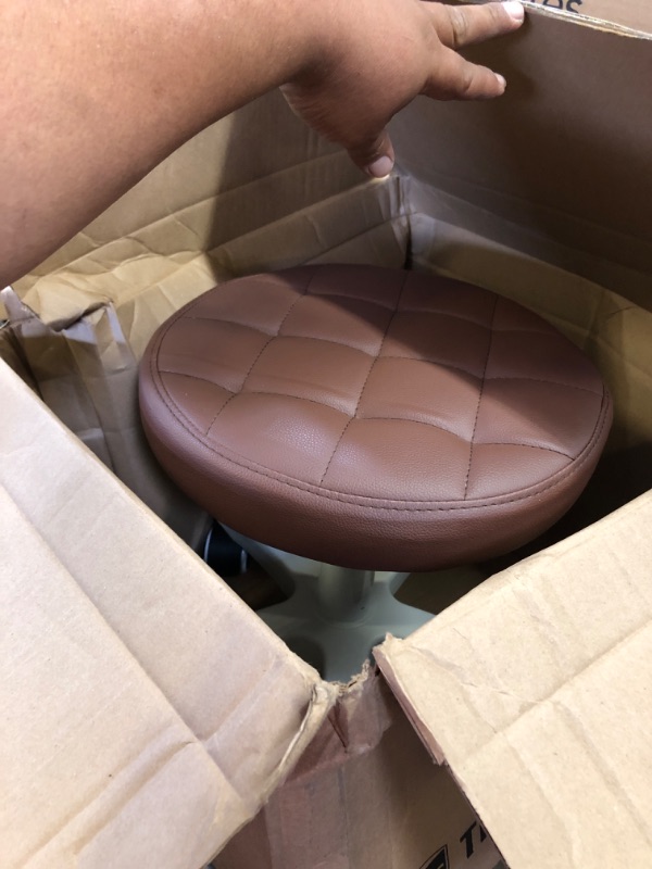 Photo 1 of Small Chair Round Rolling Stool with Wheels PU Leather Height Adjustable Swivel Drafting Work SPA Salon Stools Home Office Chair… Brown Coastal