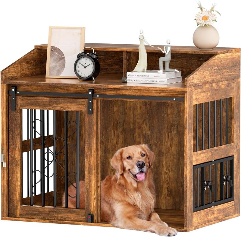 Photo 1 of Large Dog Crate Furniture, 40” Heavy Duty Dog Crate with Sliding Barn Door, Dog Kennel Furniture Style House, Wooden Decorative Pet House End Side Table, Chew-Resistant, Rustic