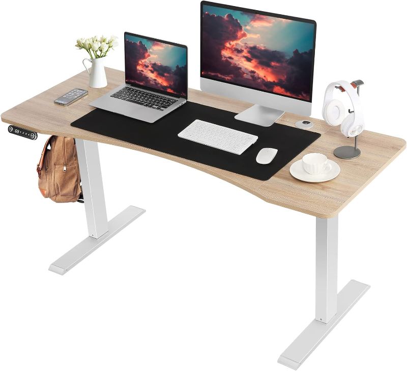 Photo 1 of Electric Standing Desk: 55 x 24 Inches Stand Up Table, Adjustable Height Sit Stand Home Office Desk with Splice Board, Light Oak/White Frame