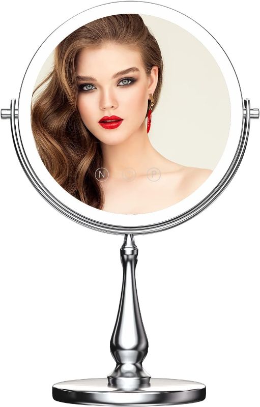 Photo 1 of 9" Large Lighted Makeup Mirror, 1X/10X Magnifying Vanity Mirror with 3 Colors Dimmable Lightning, 80 LED Lights, 360°Rotation Double Sided Standing Desk Mirror
