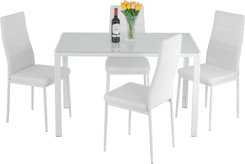 Photo 1 of FDW Dining Table Set Dining Room Table Set for Small Spaces Kitchen Table and Chairs for 4 Table with Chairs Home Furniture Rectangular Modern (White Glass)
