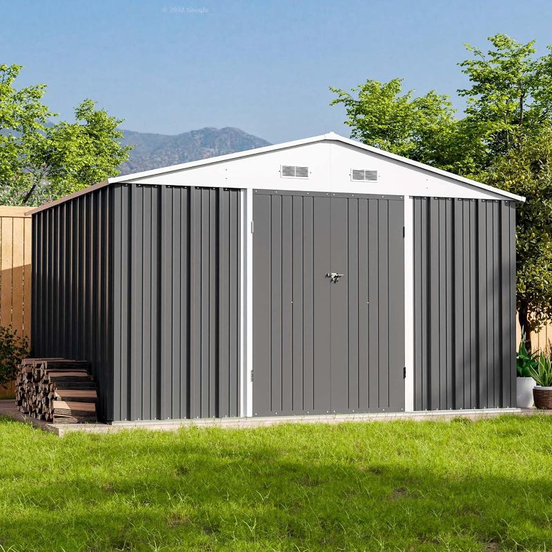 Photo 1 of Patiowell 10x8 FT Outdoor Storage Shed, Large Garden Tool Metal Shed with Sloping Roof and Double Lockable Door, Outdoor Shed for Backyard Garden Patio Lawn,Grey
