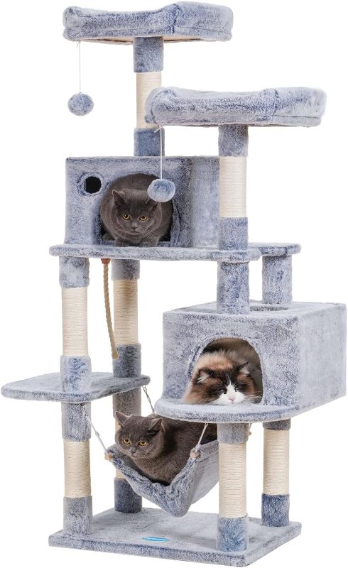 Photo 1 of Hey-brother Multi-Level Cat Tree Condo Furniture with Sisal-Covered Scratching Posts, 2 Plush Condos, Perch Hammock for Kittens, Cats and Pets, Light Gray MPJ020-SW 19.7"×15.0"×57.1" Light Gray
