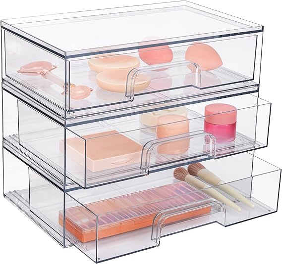 Photo 1 of Vtopmart 12''W Clear Stackable Storage Drawers,3 Pack Acrylic Plastic Organizers Bins for Makeup Palettes, Cosmetics, and Beauty Supplies,Ideal for Vanity, Bathroom,Cabinet,Desk Organization
