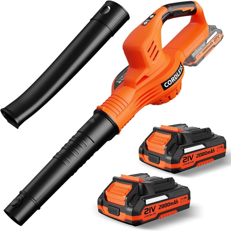 Photo 1 of Leaf Blower Cordless - 21V Electric Cordless Leaf Blower with 2 Batteries and Charger, 2 Speed Mode, 2.0Ah Lightweight Battery Powered Leaf Blowers for Lawn Care, Patio, Blowing Leaves
