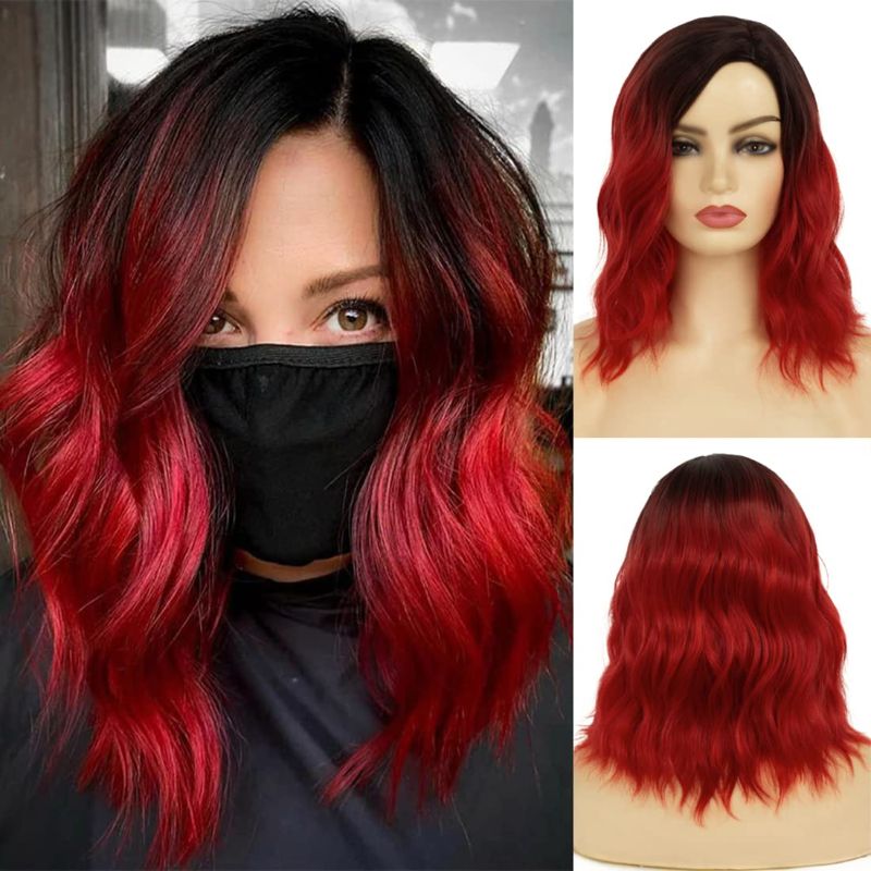Photo 1 of Baruisi Ombre Red Wig Short Curly Wavy Bob Wigs for Women Synthetic Dark Roots Side Part Cosplay Hair Wig