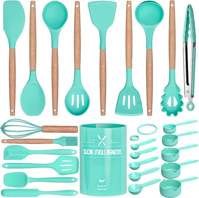 Photo 1 of Kitchen Utensils Set, 26 Pcs Non-Stick Silicone Cooking Utensils Spatula Set with Holder, Sturdy Wooden Handle, Heat Resistance Silicone Kitchen Gadgets Utensils Set, Turquoise