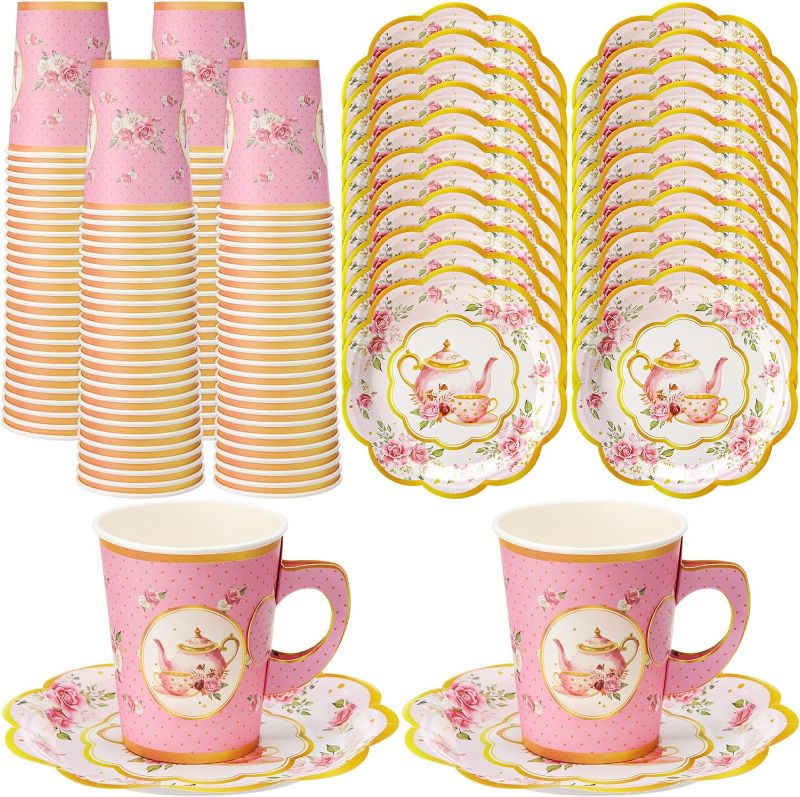 Photo 1 of Tioncy 100 Pcs Tea Party Decorations Include 50 Pieces 9 oz Floral Paper Tea Cups with Handle and 50 Plates Disposable Blossom Teacups and Saucers Sets for Girls Birthday (Teapot)